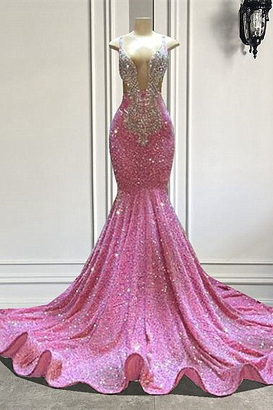 Biztunnel Schickes langes Meerjungfrauen-Ballkleid mit Pailletten, ärmellos, Trägern und Perlen
