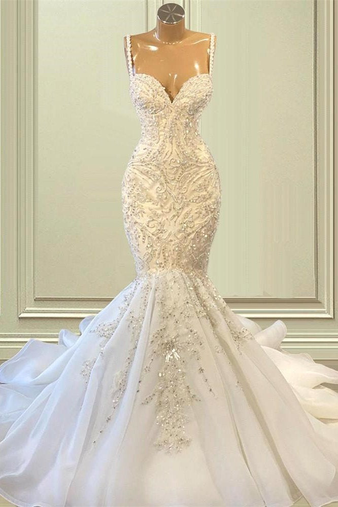 Biztunnel Elegantes, langes Meerjungfrau-Brautkleid mit Herzausschnitt und ärmelloser Tüllspitze