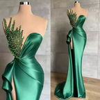 Vestido de fiesta verde Biztunnel largo de sirena con escote en forma de corazón, de satén y cuentas, con abertura