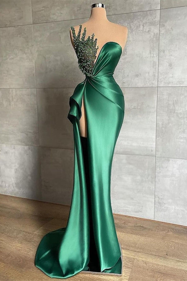 Vestido de fiesta verde Biztunnel largo de sirena con escote en forma de corazón, de satén y cuentas, con abertura
