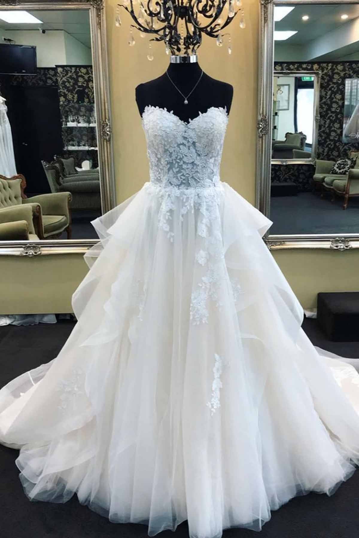 Vestido de novia largo de tul con encaje y corte en A sin tirantes Biztunnel