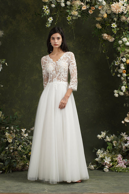 Biztunnel Langes A-Linien-Brautkleid mit Herzausschnitt und Chiffonspitze und Ärmeln