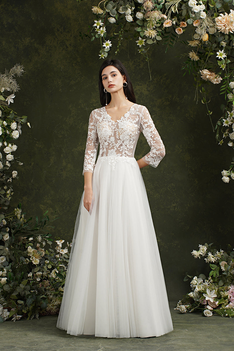 Biztunnel Langes A-Linien-Brautkleid mit Herzausschnitt und Chiffonspitze und Ärmeln