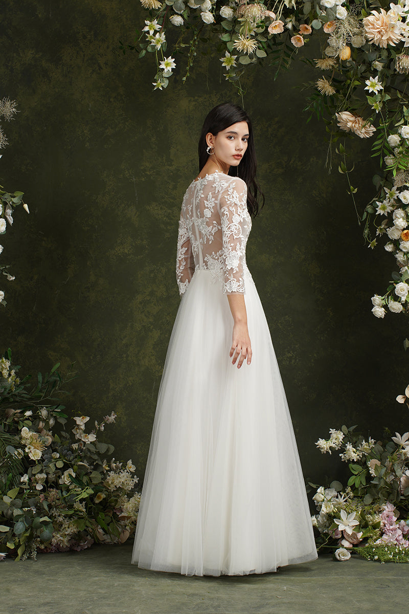 Biztunnel Langes A-Linien-Brautkleid mit Herzausschnitt und Chiffonspitze und Ärmeln