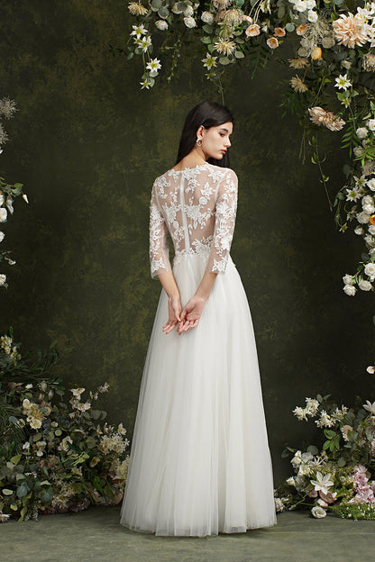 Biztunnel Langes A-Linien-Brautkleid mit Herzausschnitt und Chiffonspitze und Ärmeln
