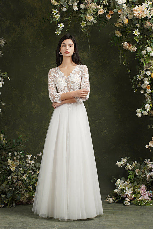 Biztunnel Langes A-Linien-Brautkleid mit Herzausschnitt und Chiffonspitze und Ärmeln