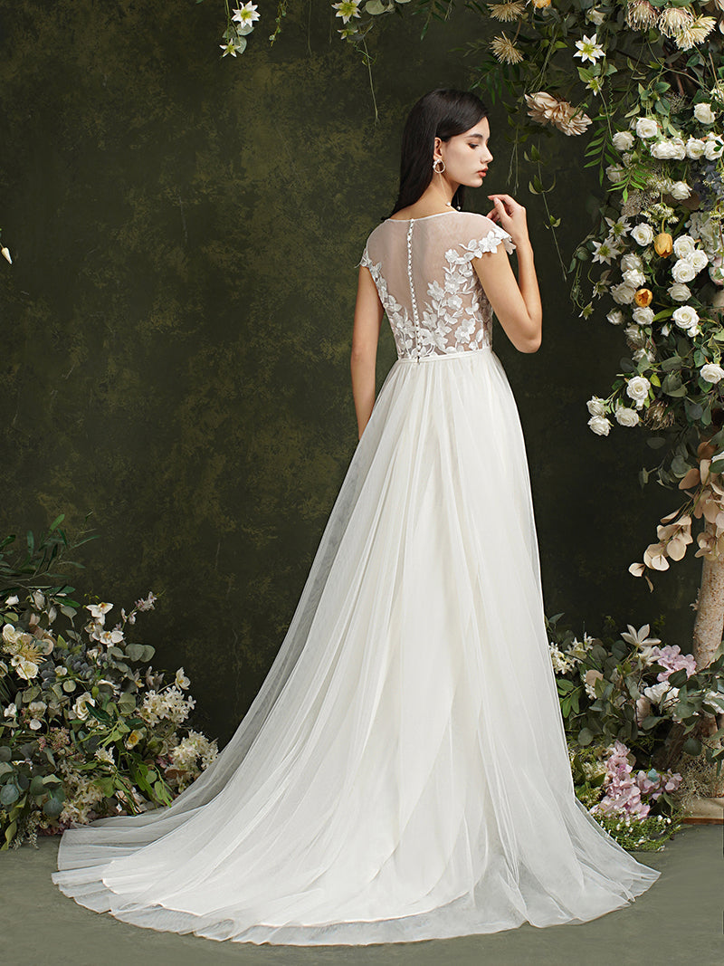Biztunnel Langes A-Linien-Brautkleid mit Herzausschnitt und Chiffon-Spitze und Schlitz
