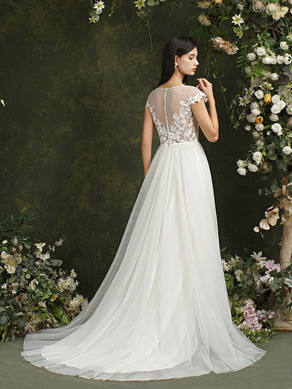 Biztunnel Langes A-Linien-Brautkleid mit Herzausschnitt und Chiffon-Spitze und Schlitz