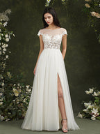 Biztunnel Langes A-Linien-Brautkleid mit Herzausschnitt und Chiffon-Spitze und Schlitz