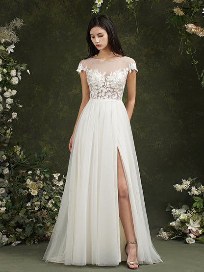Biztunnel Langes A-Linien-Brautkleid mit Herzausschnitt und Chiffon-Spitze und Schlitz