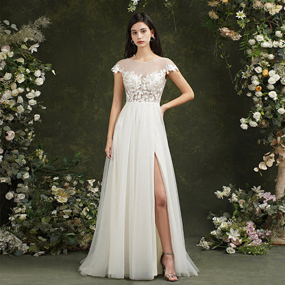 Biztunnel Langes A-Linien-Brautkleid mit Herzausschnitt und Chiffon-Spitze und Schlitz