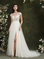Biztunnel Langes A-Linien-Brautkleid mit Herzausschnitt und Chiffon-Spitze und Schlitz