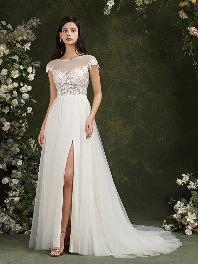 Biztunnel Langes A-Linien-Brautkleid mit Herzausschnitt und Chiffon-Spitze und Schlitz