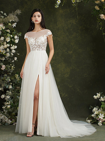 Biztunnel Langes A-Linien-Brautkleid mit Herzausschnitt und Chiffon-Spitze und Schlitz