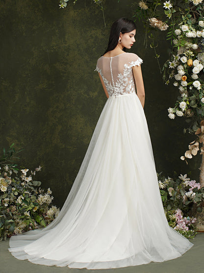 Biztunnel Langes A-Linien-Brautkleid mit Herzausschnitt und Chiffon-Spitze und Schlitz