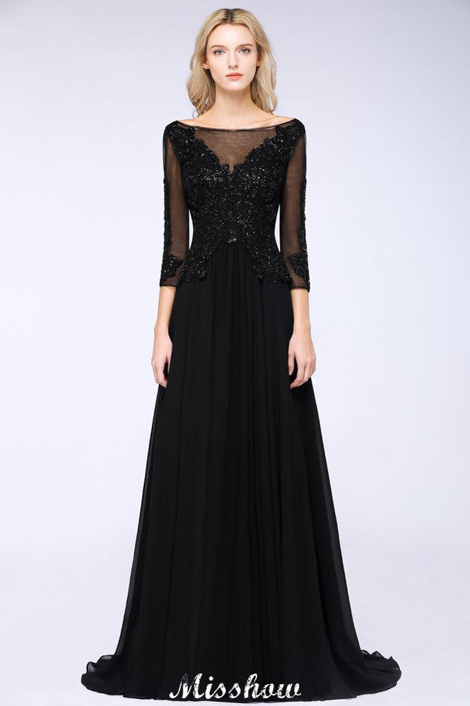 Vestido de fiesta de tul negro con mangas 3/4, cuentas, corte A y apliques para dama de honor