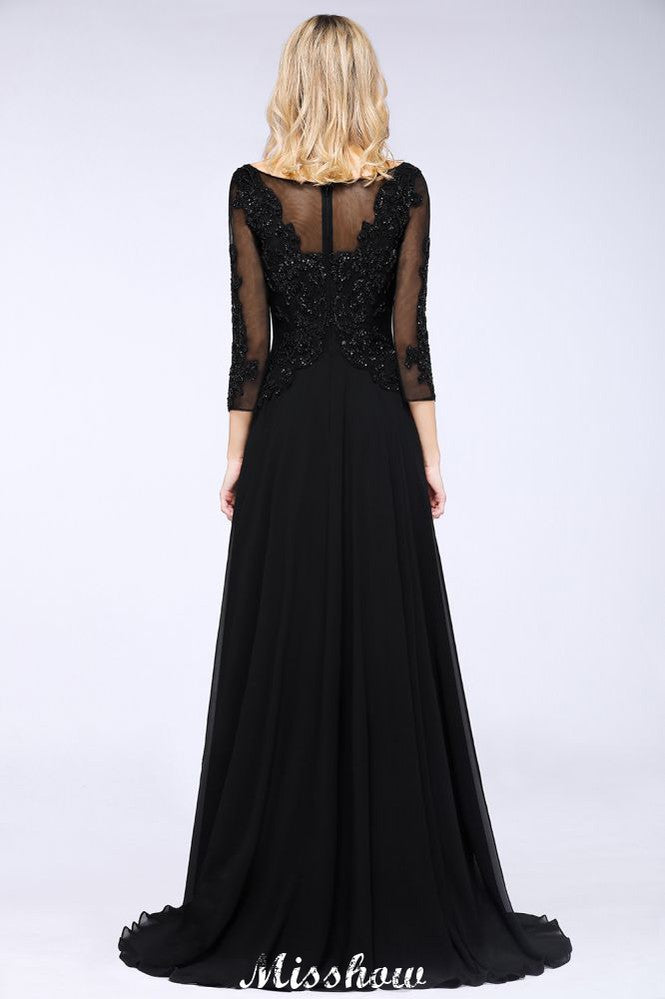 Vestido de fiesta de tul negro con mangas 3/4, cuentas, corte A y apliques para dama de honor