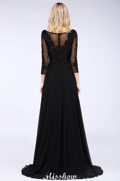 Vestido de fiesta de tul negro con mangas 3/4, cuentas, corte A y apliques para dama de honor