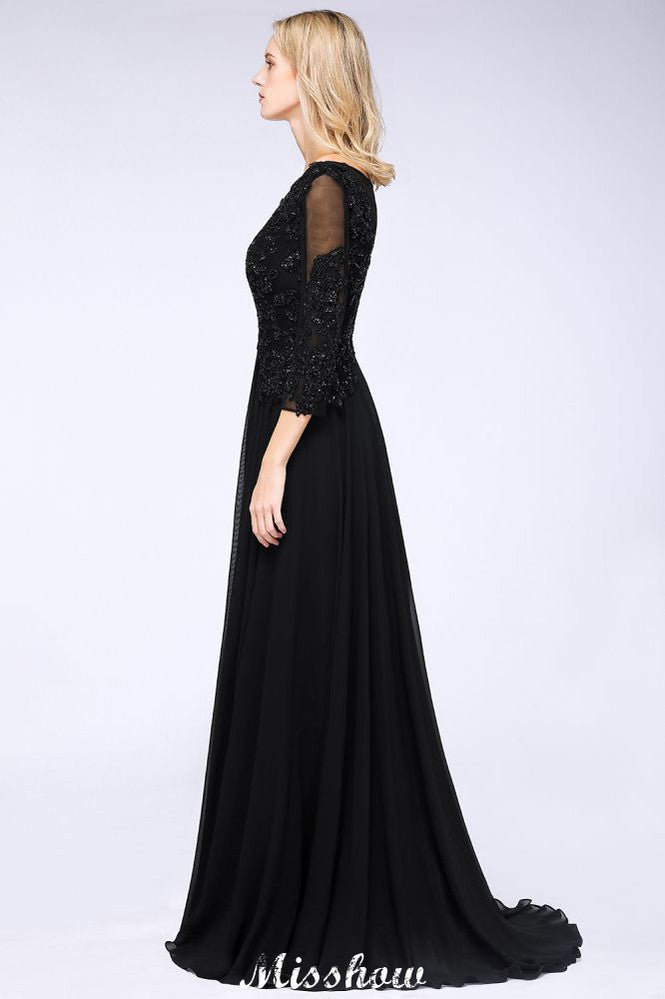 Vestido de fiesta de tul negro con mangas 3/4, cuentas, corte A y apliques para dama de honor