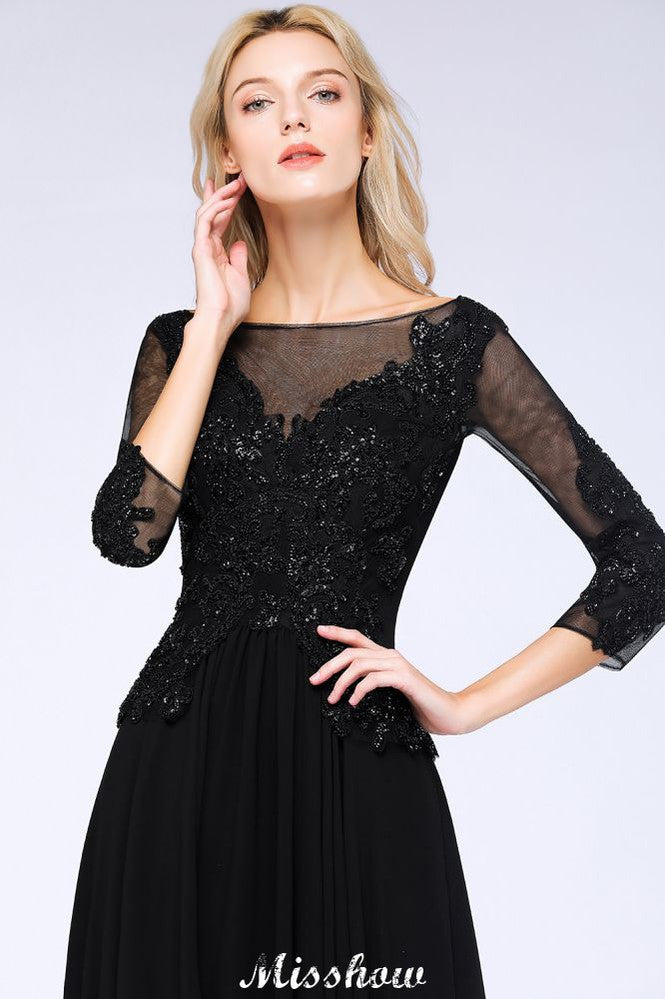 Vestido de fiesta de tul negro con mangas 3/4, cuentas, corte A y apliques para dama de honor