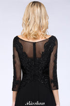 Vestido de fiesta de tul negro con mangas 3/4, cuentas, corte A y apliques para dama de honor