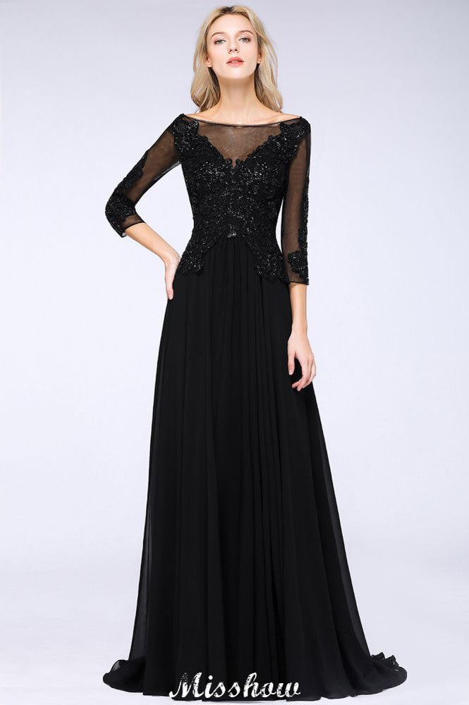Vestido de fiesta de tul negro con mangas 3/4, cuentas, corte A y apliques para dama de honor