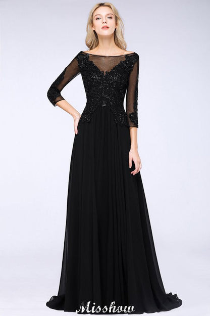 Vestido de fiesta de tul negro con mangas 3/4, cuentas, corte A y apliques para dama de honor