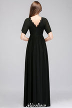 Vestido de dama de honor de gasa negra, corte A, escote en V y largo hasta el suelo