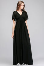Vestido de dama de honor de gasa negra, corte A, escote en V y largo hasta el suelo