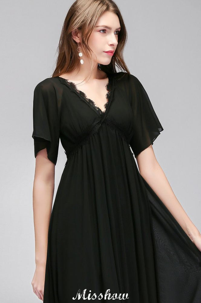 Vestido de dama de honor de gasa negra, corte A, escote en V y largo hasta el suelo