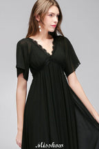 Vestido de dama de honor de gasa negra, corte A, escote en V y largo hasta el suelo