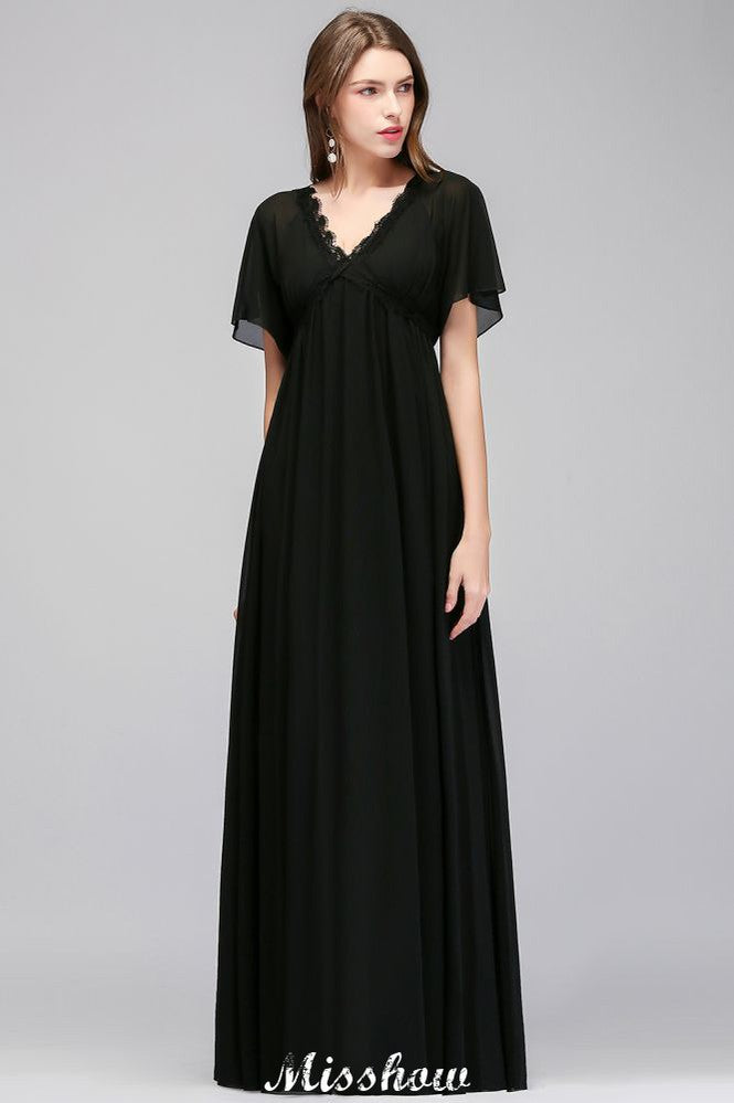 Vestido de dama de honor de gasa negra, corte A, escote en V y largo hasta el suelo