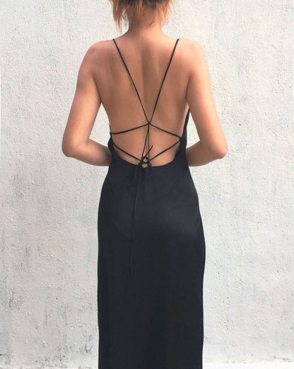 Black Cowl Neck Backless Mulberry Silk Slip Dress