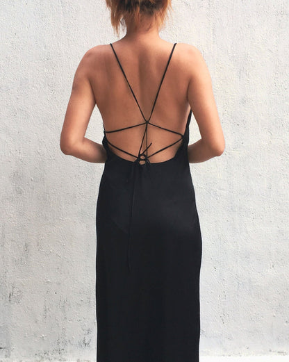 Black Cowl Neck Backless Mulberry Silk Slip Dress