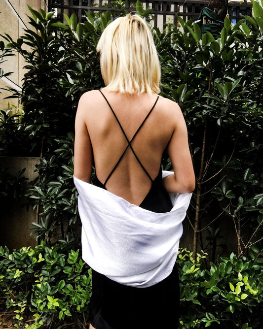 Black Crossback Organic Satin Silk Cowl Neck Slip Dress