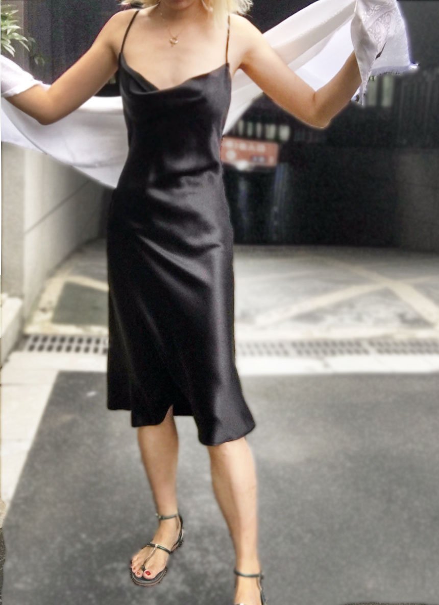 Black Crossback Organic Satin Silk Cowl Neck Slip Dress
