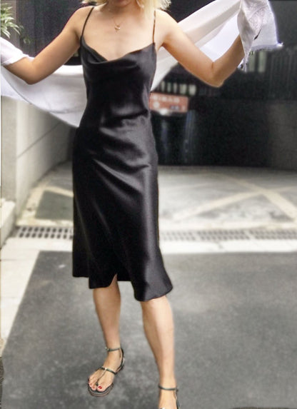 Black Crossback Organic Satin Silk Cowl Neck Slip Dress
