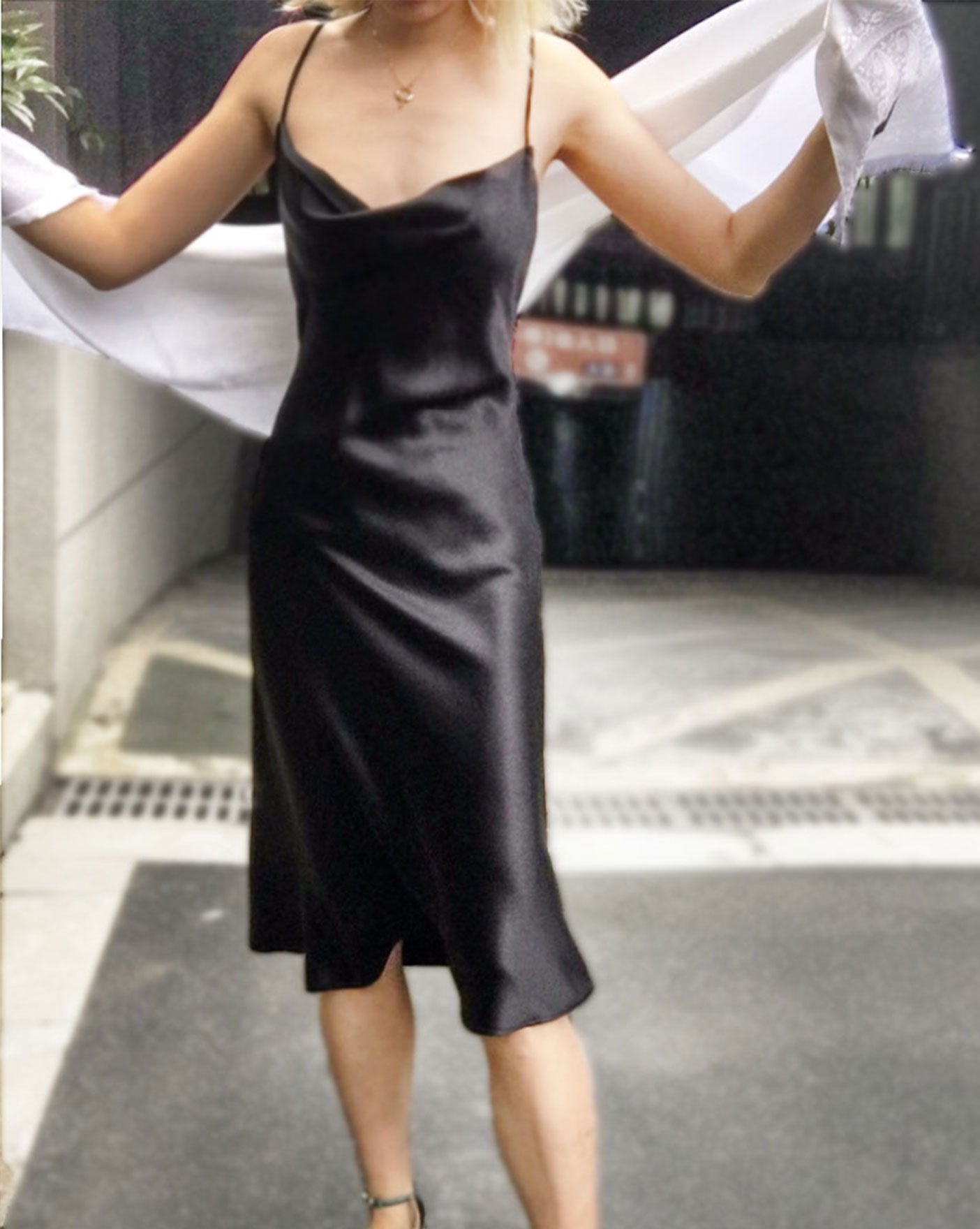 Black Crossback Organic Satin Silk Cowl Neck Slip Dress