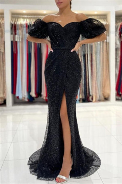 Vestidos de noche negros largos con brillo | Vestidos de fiesta con mangas