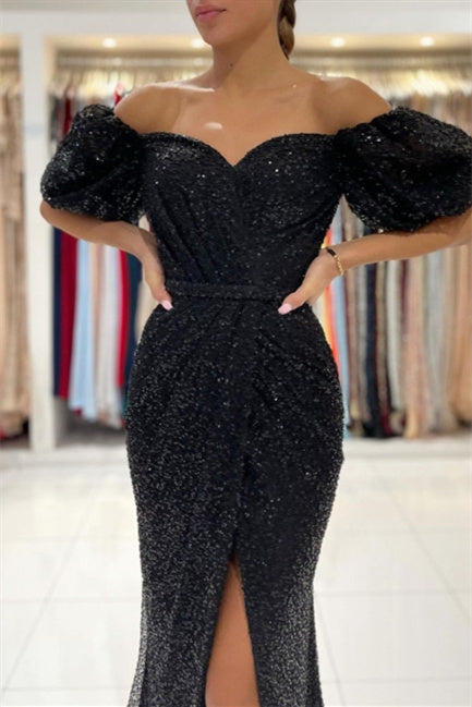 Vestidos de noche negros largos con brillo | Vestidos de fiesta con mangas