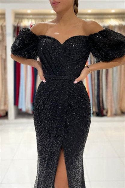 Vestidos de noche negros largos con brillo | Vestidos de fiesta con mangas