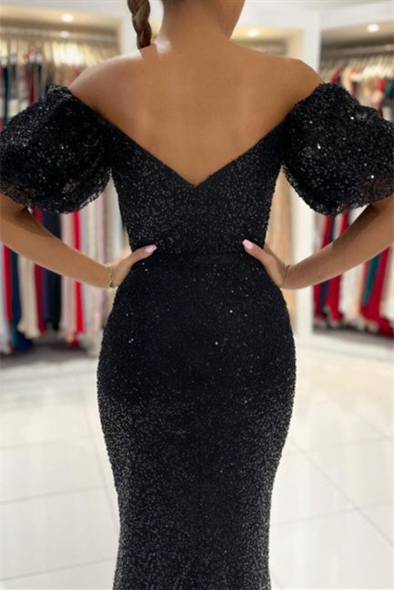 Vestidos de noche negros largos con brillo | Vestidos de fiesta con mangas