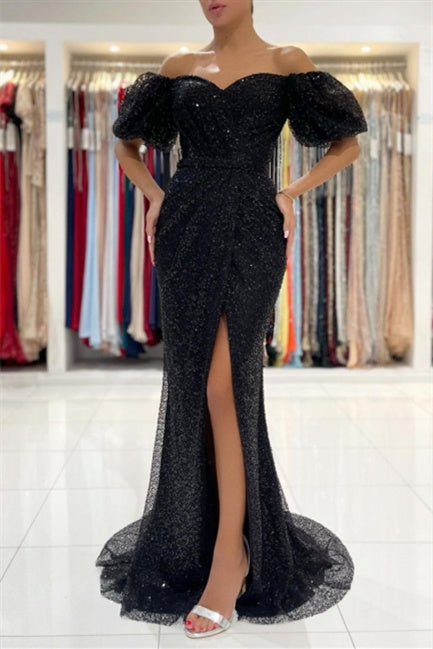 Vestidos de noche negros largos con brillo | Vestidos de fiesta con mangas