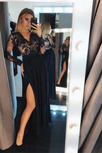 Schwarzes Maxi-Abendkleid mit Blumenspitze und langen Ärmeln