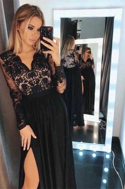 Schwarzes Maxi-Abendkleid mit Blumenspitze und langen Ärmeln