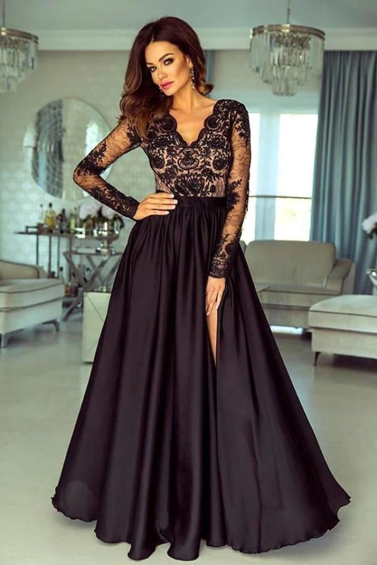 Vestido largo de noche de manga larga con encaje floral negro