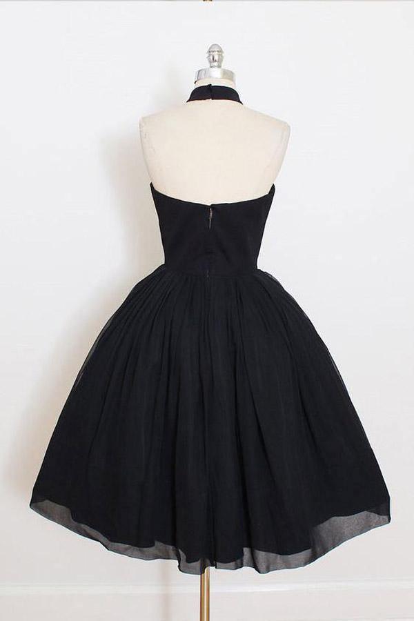 Vestidos de fiesta/regreso a casa cortos, sencillos y con cuello halter, negros PD106