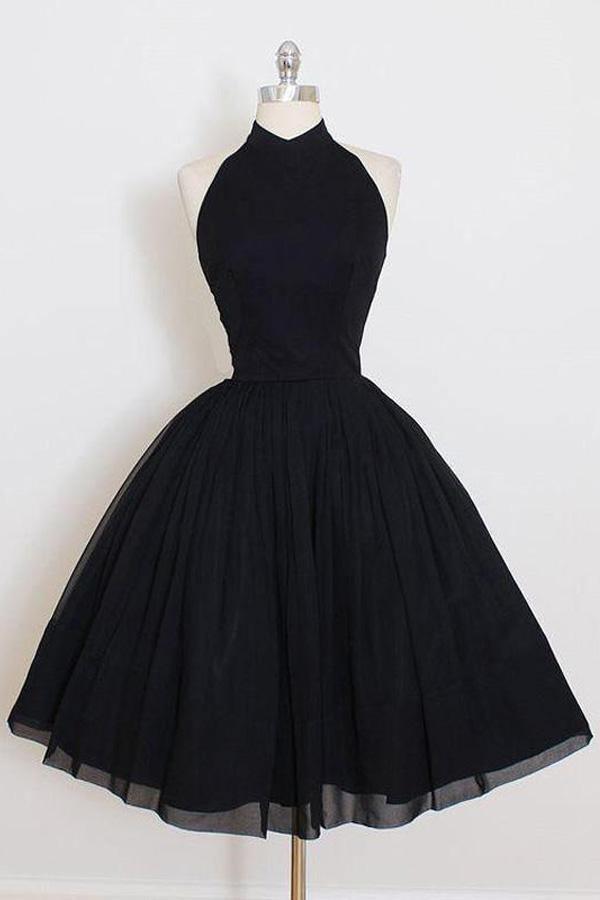 Vestidos de fiesta/regreso a casa cortos, sencillos y con cuello halter, negros PD106