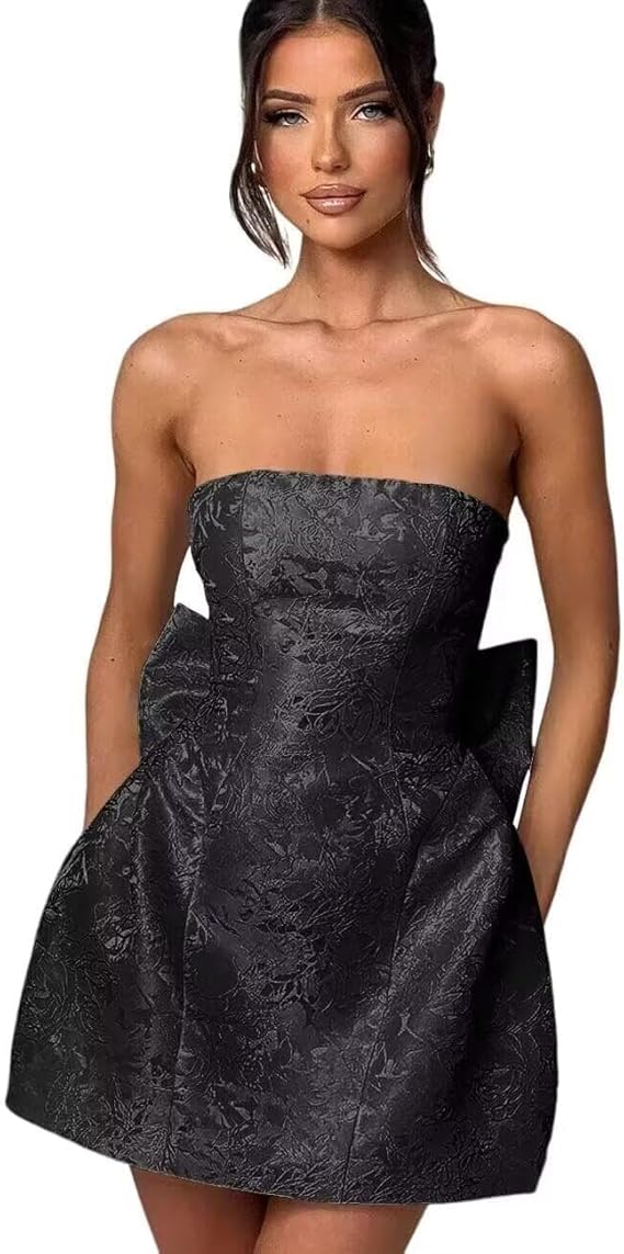 Trägerloses, kurzes Ballkleid für den Heimkehr, ärmelloses Partykleid aus Jacquard-Satin mit Schnürung und Schleife