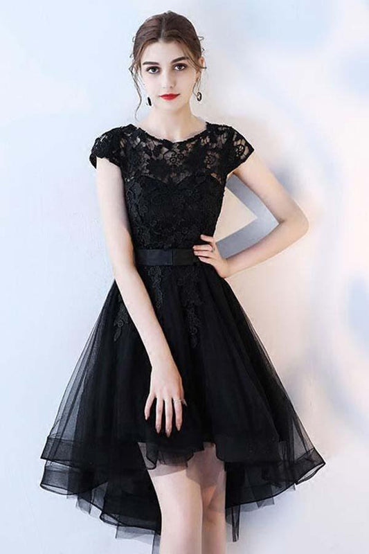 Schwarzes kurzes Ballkleid mit Spitze und hohem Hals, Abendkleid, Homecoming-Kleid, PD152